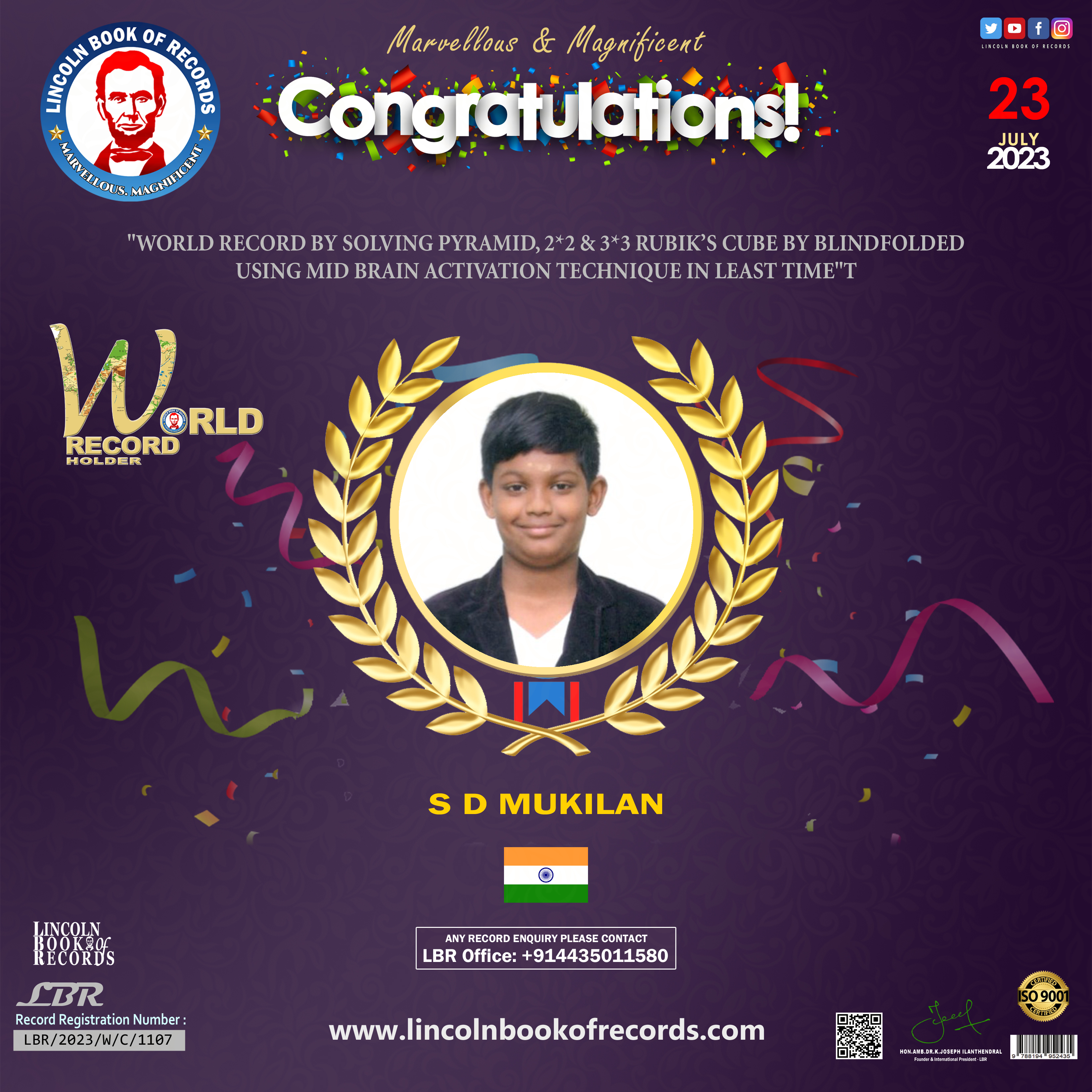 "World record by solving Pyramid, 2*2 & 3*3 Rubik’s cube by blindfolded  using Mid Brain Activation Technique in least time"