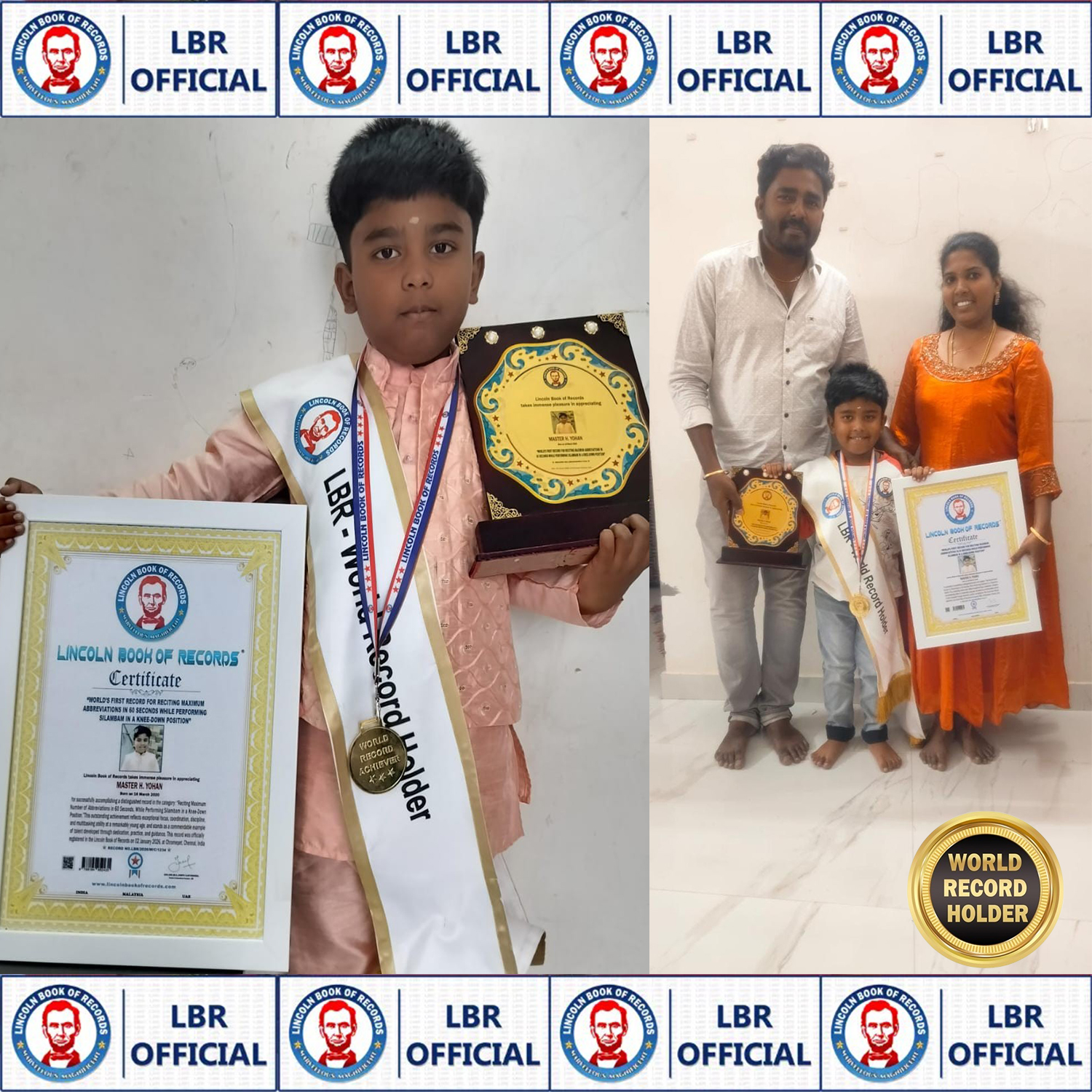 WORLD'S FIRST RECORD FOR RECITING MAXIMUM ABBREVIATIONS IN 60 SECONDS WHILE PERFORMING SILAMBAM IN A KNEE-DOWN POSITION”