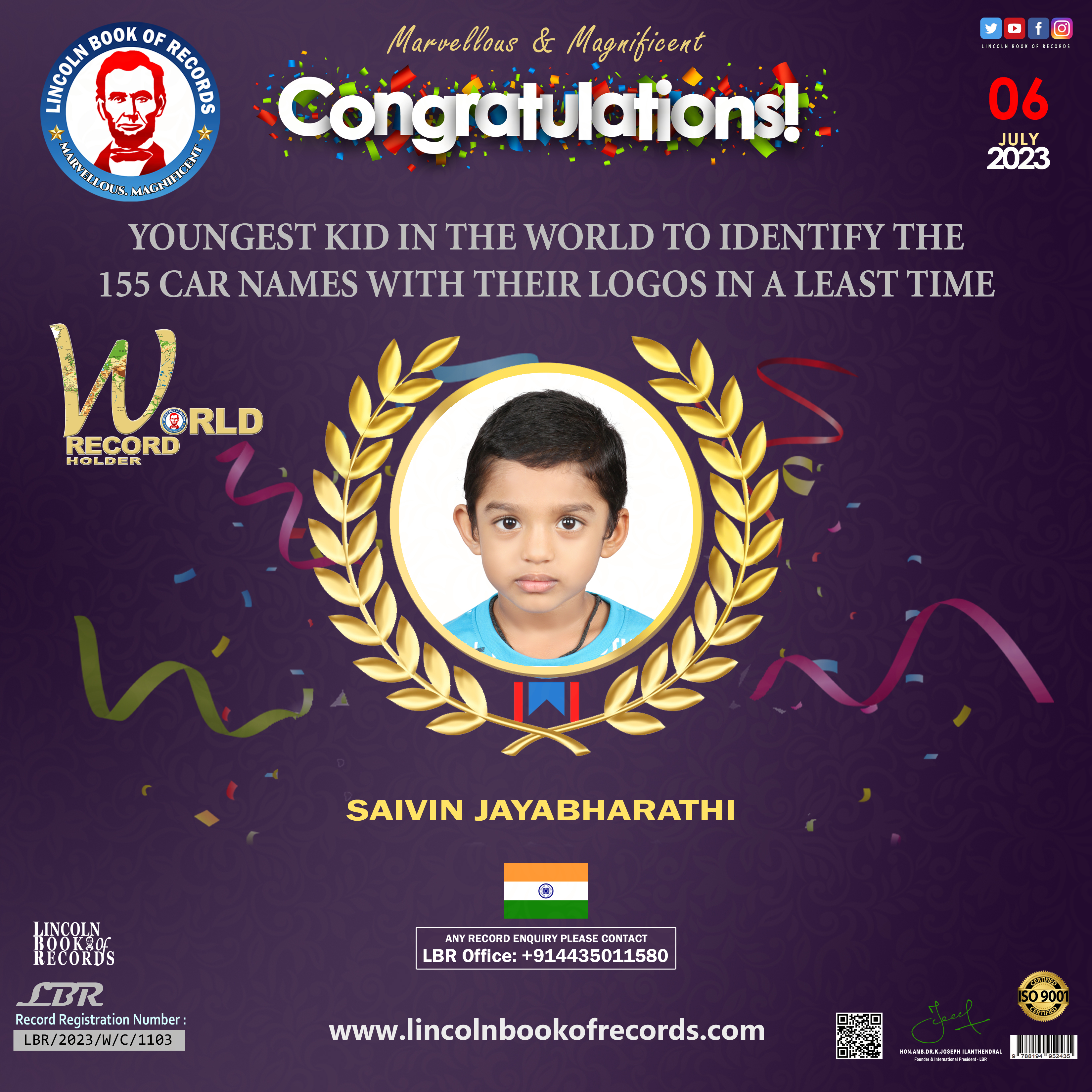 Youngest kid in the world to identify the  155 car names with their logos in a least time